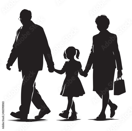 grandparents walking with granddaughter Silhouette vector Illustration. 