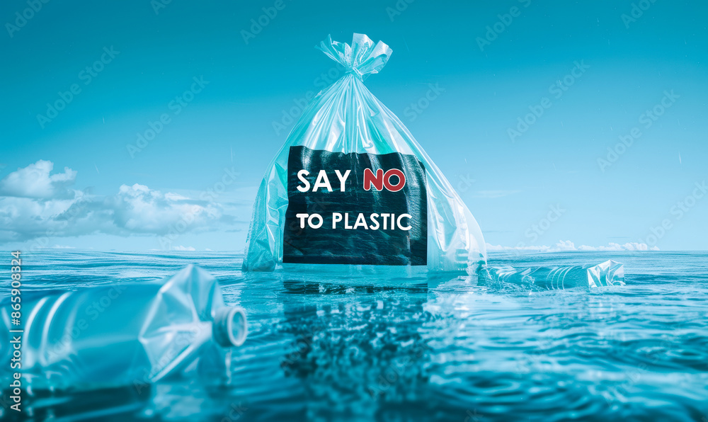 Naklejka premium A plastic bag is floating in the ocean with a sign that says 