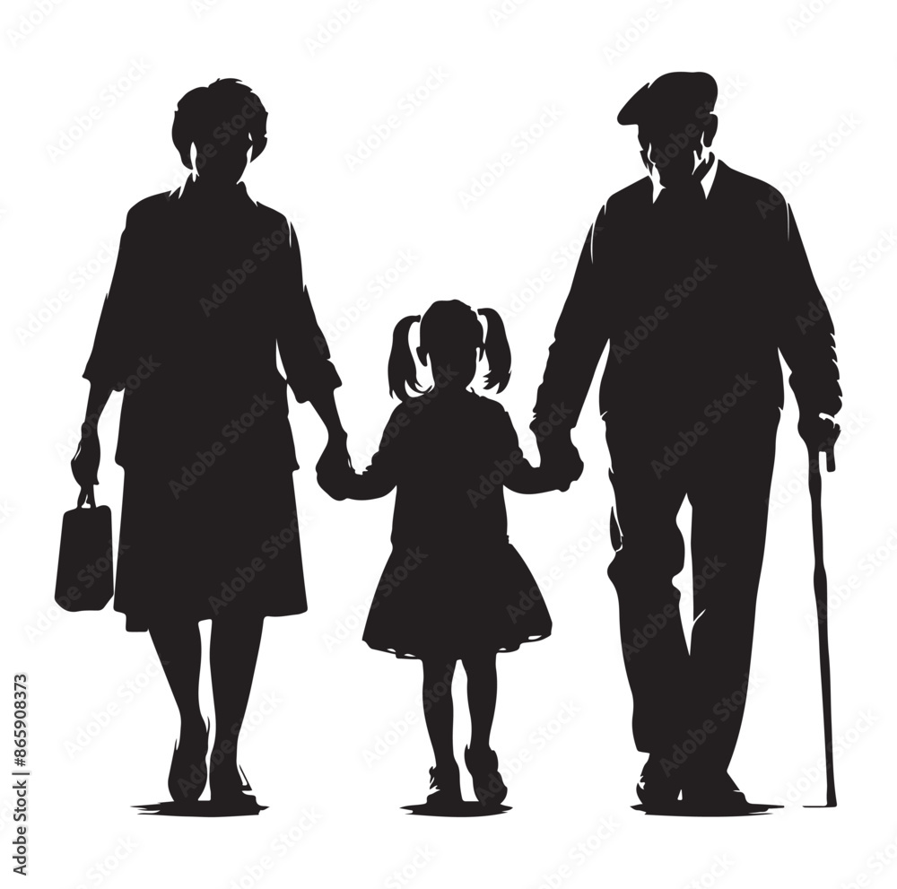 grandparents walking with granddaughter Silhouette vector Illustration. grandparents walking with granddaughter Silhouette vector Illustration.