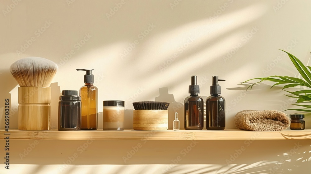 Eco-friendly beauty products displayed on a bamboo shelf Eco-friendly beauty products displayed on a bamboo shelf
