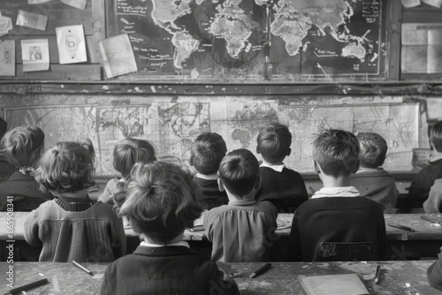 Children Studying a World Map in a Classroom in the 1940s