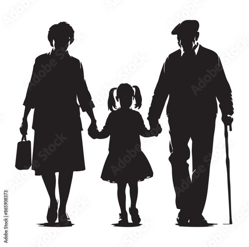 grandparents walking with granddaughter Silhouette vector Illustration. 