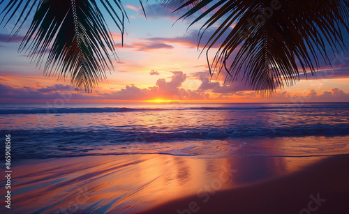 Fototapeta Naklejka Na Ścianę i Meble -  A serene tropical beach at sunset with palm trees framing the view.