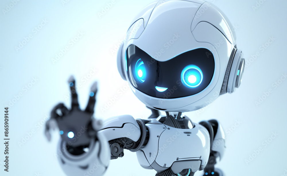 A friendly robot waving with a cheerful expression and large, glowing eyes. A friendly robot waving with a cheerful expression and large, glowing eyes.