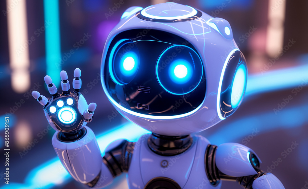 A friendly robot waving with a cheerful expression and large, glowing eyes. A friendly robot waving with a cheerful expression and large, glowing eyes.
