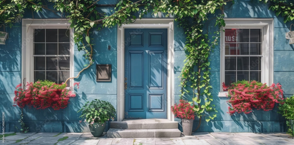 Blue Door with Flowers and Vines - 3D Illustration Blue Door with Flowers and Vines - 3D Illustration