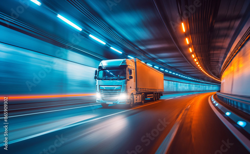 A truck driving at high speed through an illuminated tunnel.