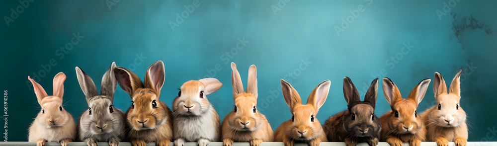 An image featuring ten cute and diverse rabbits lined up in a row against a teal backdrop, showcasing their variety in fur color and ear shapes, exuding cuteness. An image featuring ten cute and diverse rabbits lined up in a row against a teal backdrop, showcasing their variety in fur color and ear shapes, exuding cuteness.