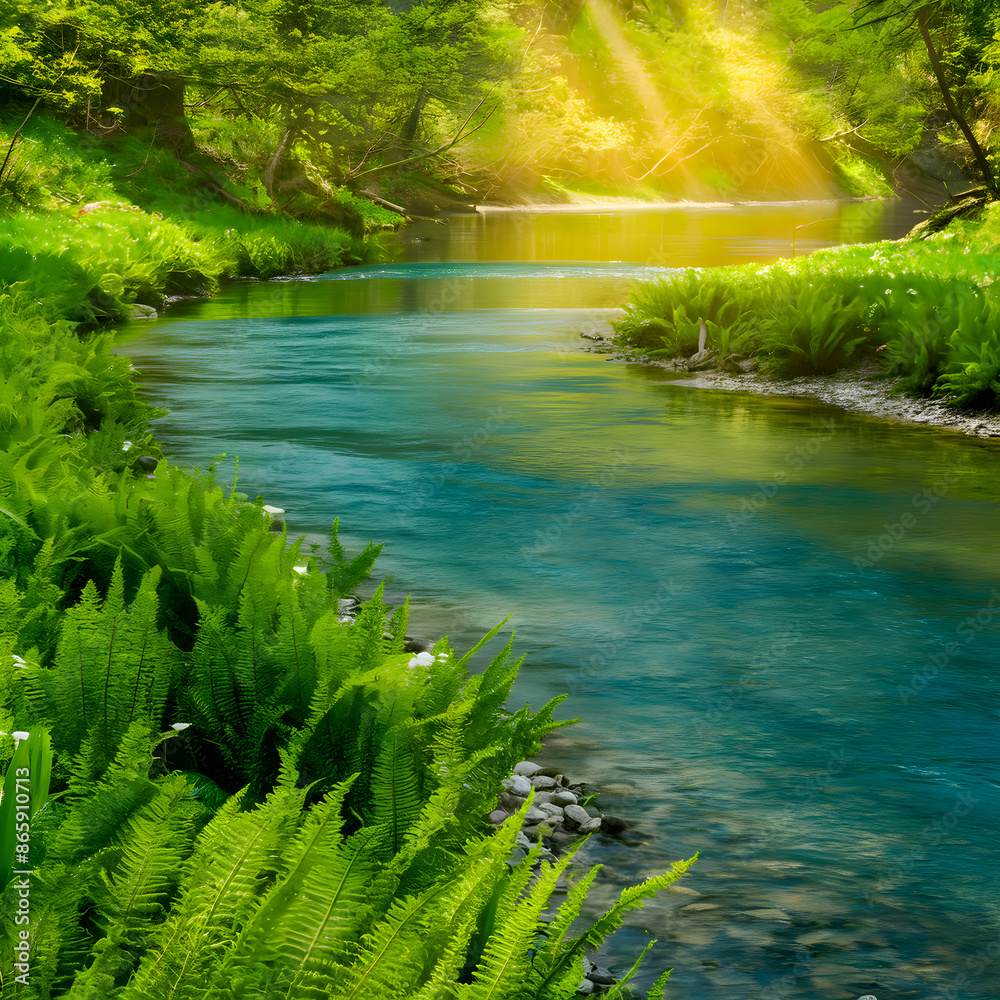 Fototapeta premium A serene and picturesque scene of a flowing river in a lush, vibrant spring forest. The crystal-clear water meanders through the scene, reflecting the stunning hues of the blossoming flora. Majestic t