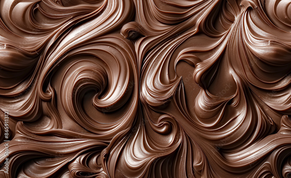 A close-up of smooth, swirled melted chocolate with rich texture and shine. A close-up of smooth, swirled melted chocolate with rich texture and shine.