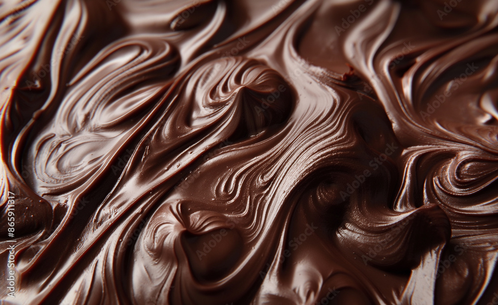 A close-up of smooth, swirled melted chocolate with rich texture and shine. A close-up of smooth, swirled melted chocolate with rich texture and shine.