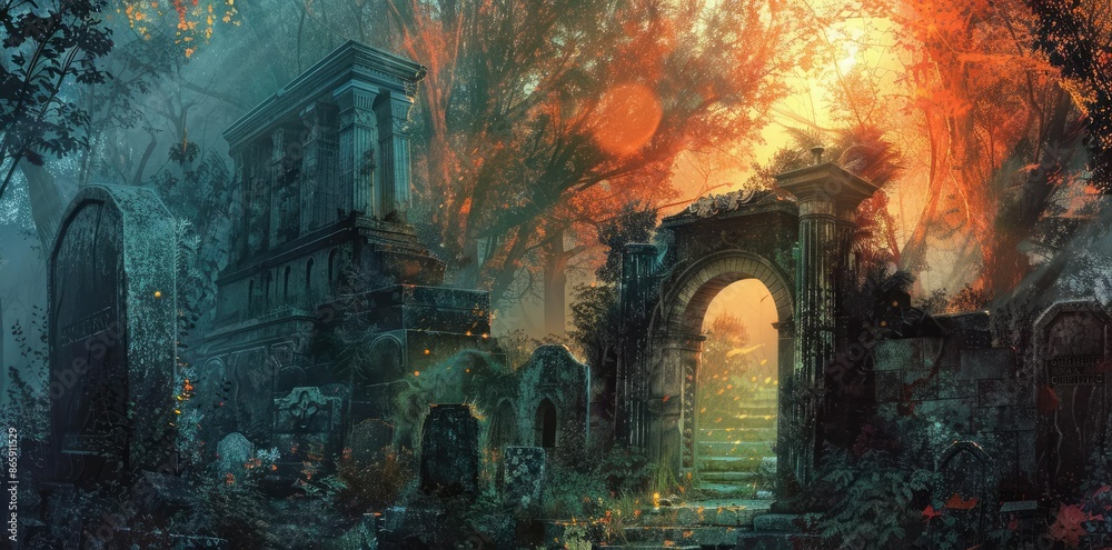 Obraz premium Ancient Ruins in a Mystical Forest Illustration