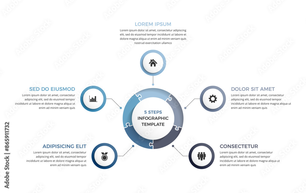 Circle diagram template with five puzzle elements, infographic template, process visualization, vector eps10 illustration Circle diagram template with five puzzle elements, infographic template, process visualization, vector eps10 illustration