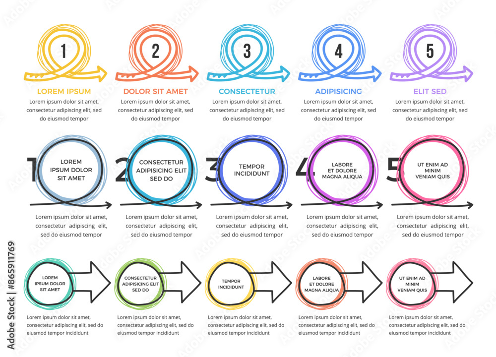 Infographic templates with five hand drawn circles and arrows, vector eps10 illustration Infographic templates with five hand drawn circles and arrows, vector eps10 illustration