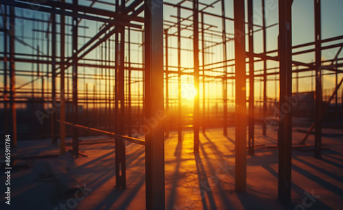 A construction site at sunset with steel framework structures casting long shadows. © Curioso.Photography