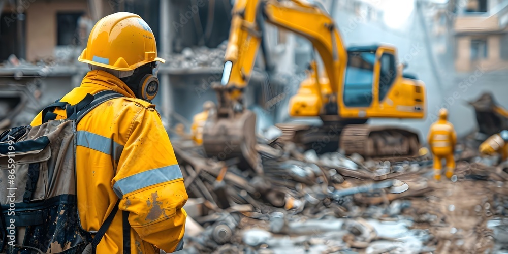 Workers in yellow safety gear observe excavator clearing debris in urban area. Concept Construction Site, Safety Gear, Excavator, Debris Clearance, Urban Environment Workers in yellow safety gear observe excavator clearing debris in urban area. Concept Construction Site, Safety Gear, Excavator, Debris Clearance, Urban Environment