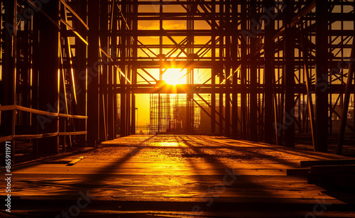 A construction site at sunset with steel framework structures casting long shadows. photo