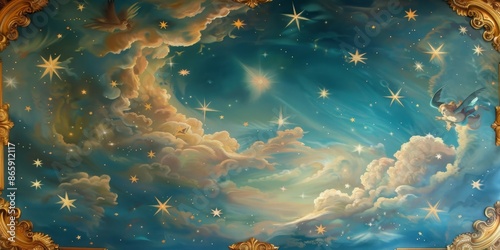 Paradise ceiling mural with cosmic stars and baroque frame, scientific research, natural subjects illustration, book illustration, artistry, aesthetics, decorative painting, symbol of human faith, fai