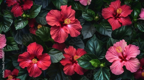 Vibrant Hibiscus Flower Background with Lush Foliage AI Generated. © AIScenes