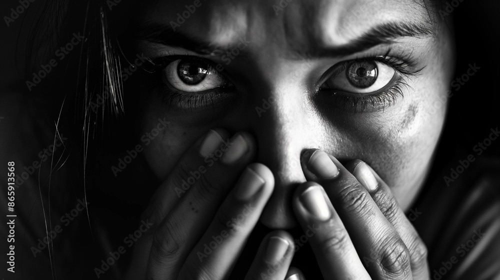 A close-up black and white portrait of a woman with intense eyes and a thoughtful expression. A close-up black and white portrait of a woman with intense eyes and a thoughtful expression.
