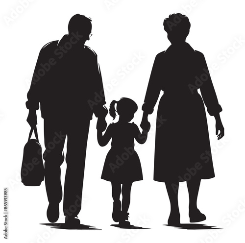  grandparents walking with granddaughter Silhouette vector Illustration. 