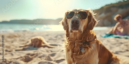 Dog sporting shades relishing beach getaway alongside family engaging in play and relaxation. Concept Pet Photography, Beach Scenes, Family Bonding, Summer Fun, Leisure Activities