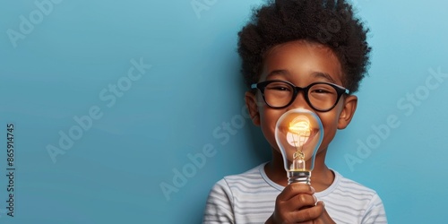 Happy smart little black boy wearing frame glasses holding a glowing light bulb in his hand isolated on blue background, children training institution with copy space, creativity, learning, smart, ide