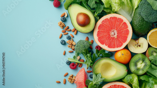 A variety of fresh fruits and vegetables arranged on a light blue background.