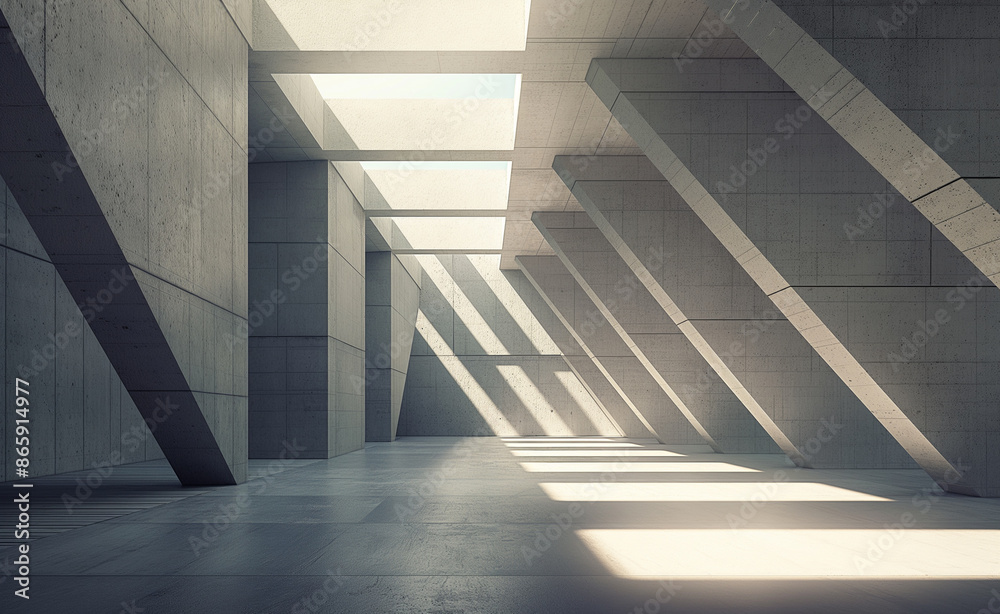Obraz premium An empty, modern concrete interior with sunlight streaming through large windows. 