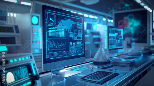 Wallpaper Mural A high-tech laboratory filled with advanced equipment and digital screens displaying data. Torontodigital.ca