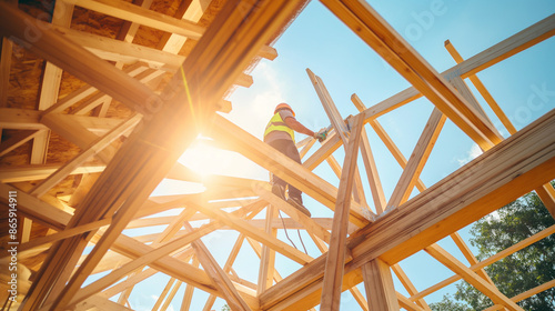 Wallpaper Mural A construction worker building a wooden house frame under bright sunlight. Torontodigital.ca