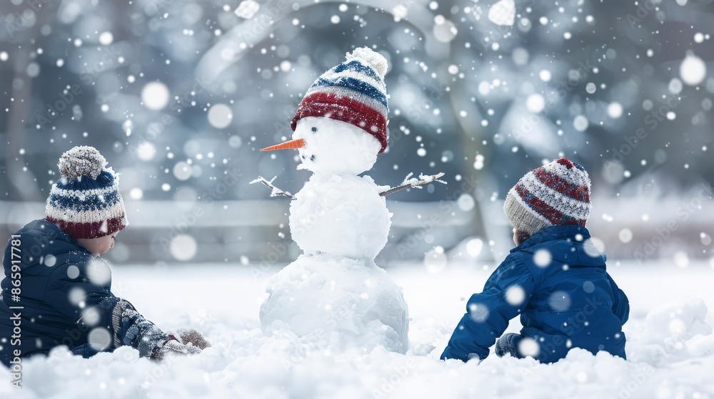 Two children playing in the snow, building a snowman with hats and scarves, surrounded by falling snowflakes on a winter day. Two children playing in the snow, building a snowman with hats and scarves, surrounded by falling snowflakes on a winter day.