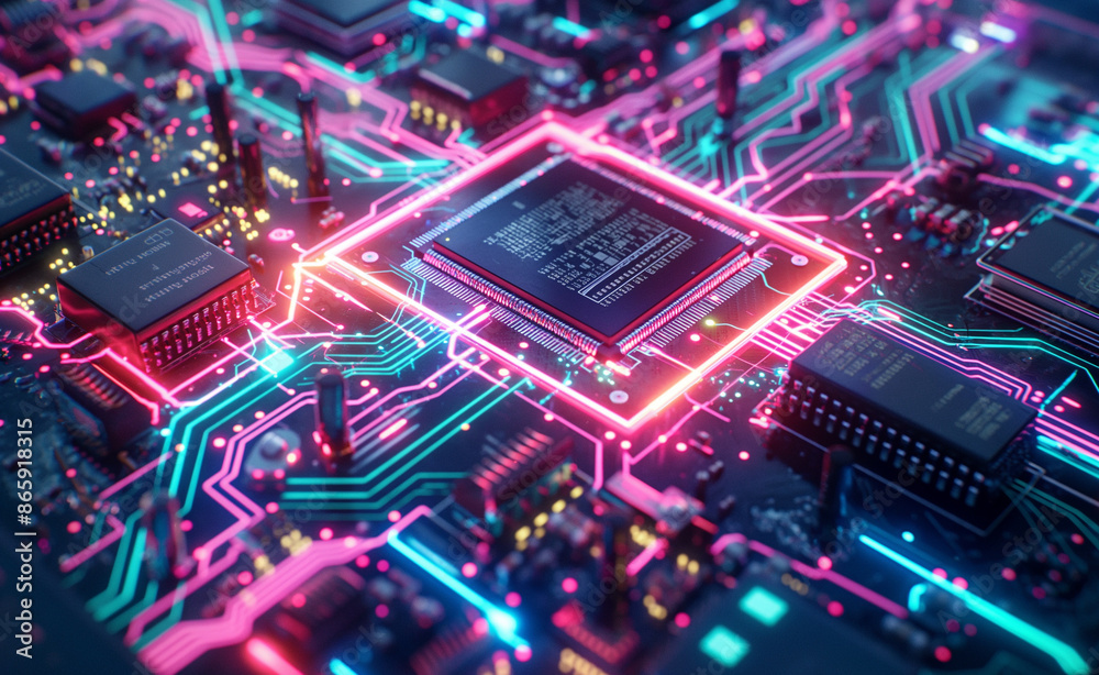 Close-up of a glowing microchip on a neon-lit circuit board. Close-up of a glowing microchip on a neon-lit circuit board.