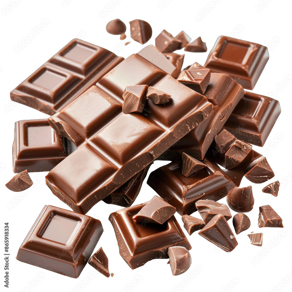 Broken Milk Chocolate Bar Pieces Falling on White Background Broken Milk Chocolate Bar Pieces Falling on White Background