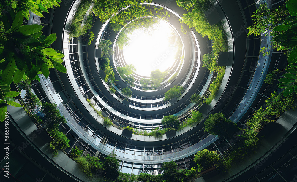 An upward view of a modern circular building with green plants on each level. An upward view of a modern circular building with green plants on each level.