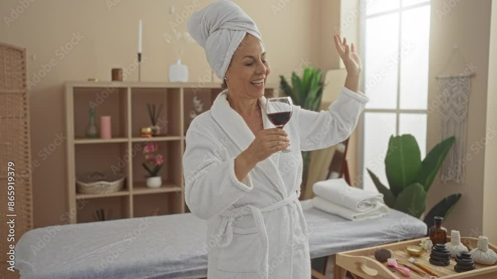 Woman in bathrobe dancing with a glass of wine in a spa center's room with beauty items on a table Woman in bathrobe dancing with a glass of wine in a spa center's room with beauty items on a table