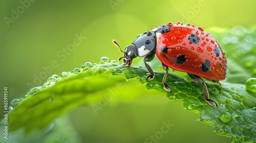 Red Ladybug Beetle on Green Leaf