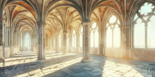 Sunlit Gothic Hallway 3D Il...