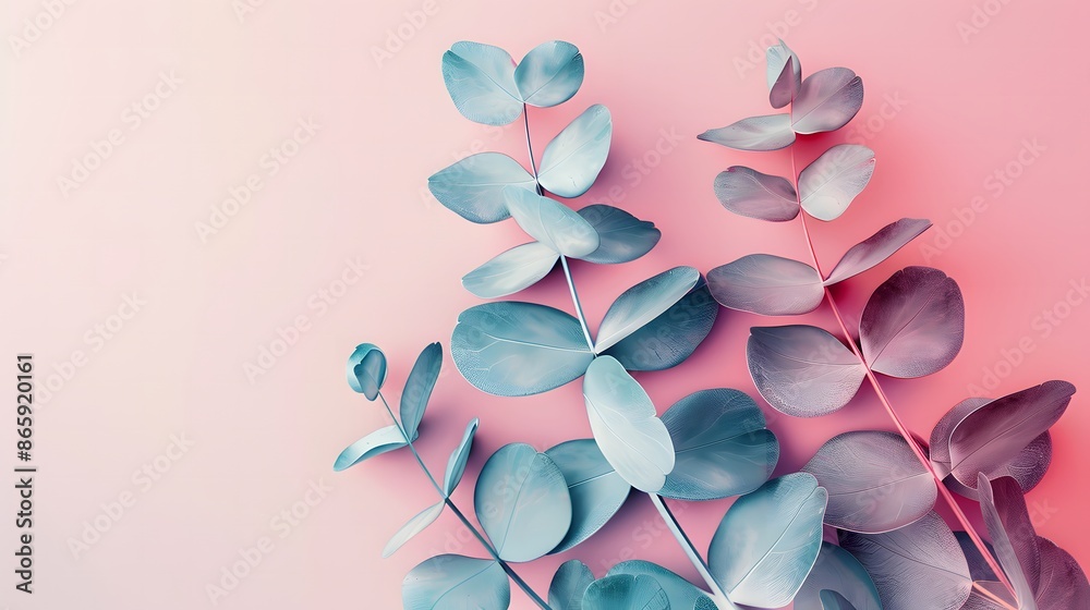 Fototapeta premium 3D minimalist eucalyptus leaves arrangement, split complementary colors, sleek and modern aesthetic, subtle gradients