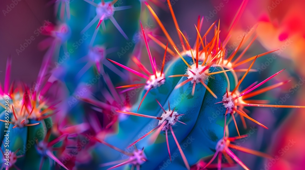 Intricate cactus spines in close-up, split complementary hues, vibrant and detailed Intricate cactus spines in close-up, split complementary hues, vibrant and detailed