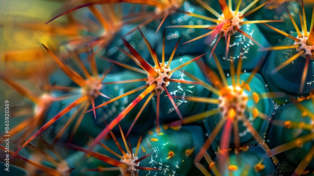 Intricate cactus spines in close-up, split complementary hues, vibrant and detailed Intricate cactus spines in close-up, split complementary hues, vibrant and detailed