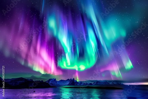 A breathtaking view of the northern lights dancing across the night sky, with vibrant hues of green, purple, and blue