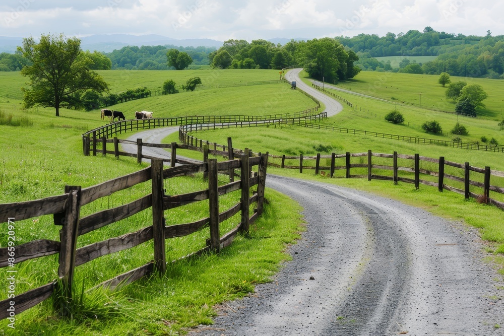 A peaceful countryside scene with a winding country road, wooden fence, and grazing livestock, evoking a sense of nostalgia and simplicity A peaceful countryside scene with a winding country road, wooden fence, and grazing livestock, evoking a sense of nostalgia and simplicity