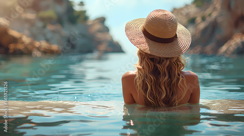 A woman with long blonde hair wearing a straw hat, standing in the water and facing the sea, with rocky cliffs in the background, basking in a serene and peaceful moment.