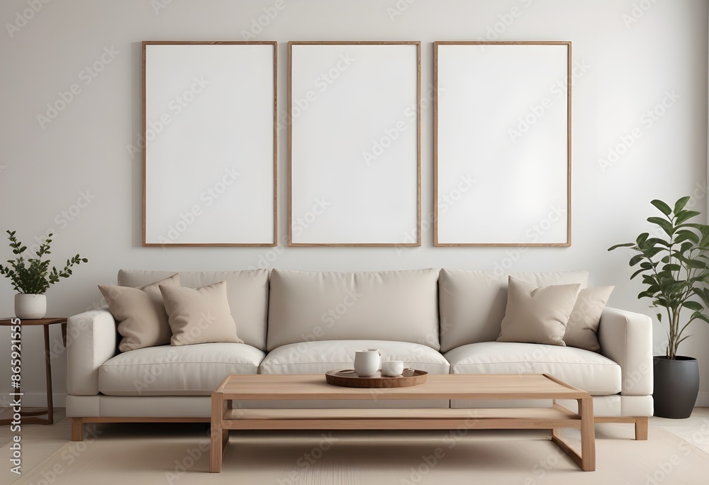 Mockup poster frame on the wall of the living room. Luxurious apartment background with contemporary design. Modern interior design. 3D render