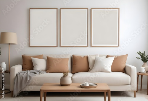 Mockup poster frame on the wall of the living room. Luxurious apartment background with contemporary design. Modern interior design. 3D render