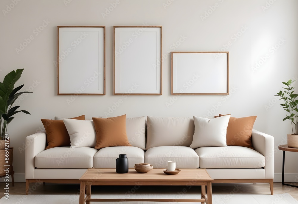 Mockup poster frame on the wall of the living room. Luxurious apartment background with contemporary design. Modern interior design. 3D render Mockup poster frame on the wall of the living room. Luxurious apartment background with contemporary design. Modern interior design. 3D render