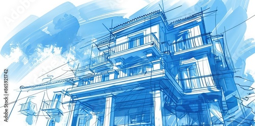 Blue Sketch of a Building w...