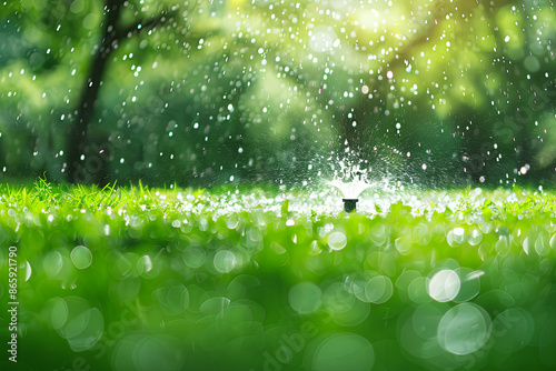 Sprinkler watering a green lawn, garden care