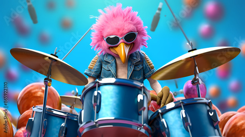 A vibrant bird with pink feathers and sunglasses is passionately playing the drums, surrounded by a colorful background of balloons and creating a lively atmosphere.